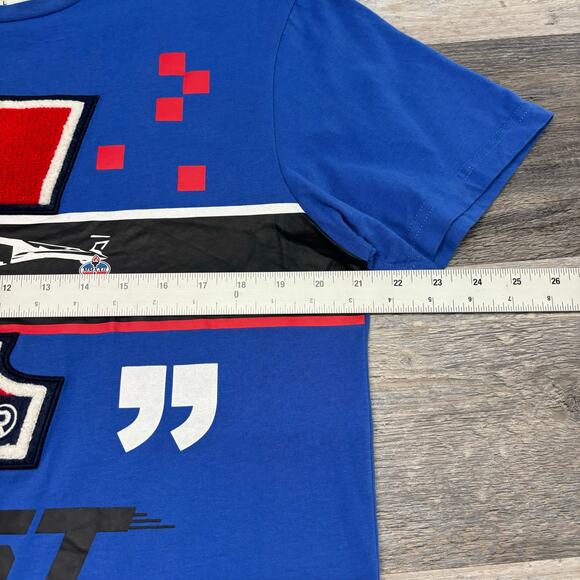 First Row First Never Last Blue Mens L Racing Sportscar Chenille Patch T-Shirt - Picture 6 of 12